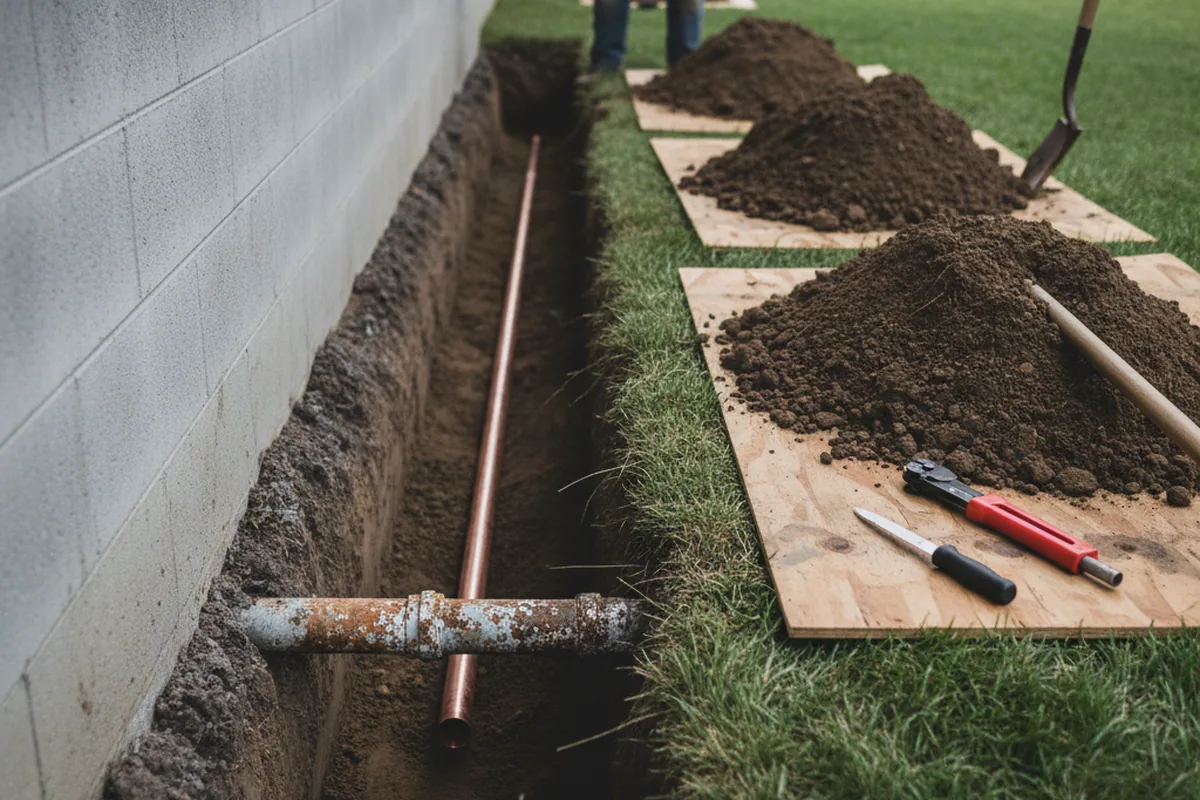 Excavated water line trench during Water Softener Installation in Colona